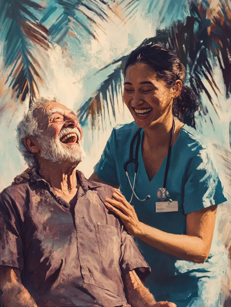 Compassionate caregiver assisting a smiling senior with daily tasks, showcasing empathy and support in a warm, home-like setting