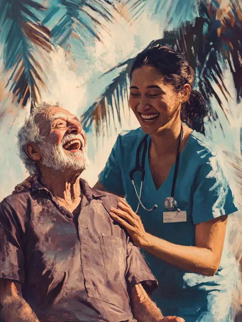 Compassionate caregiver assisting a smiling senior with daily tasks, showcasing empathy and support in a warm, home-like setting