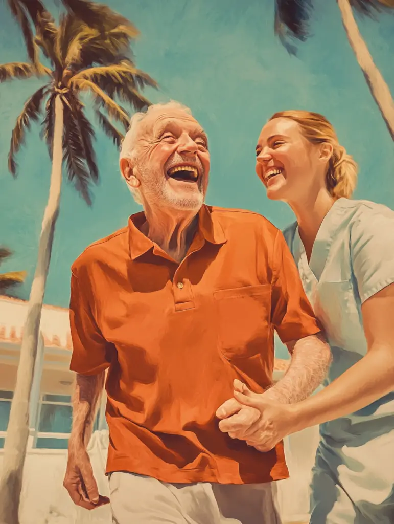 Happy senior man enjoying a sunny day outdoors with a smiling caregiver, holding hands and walking together near palm trees.