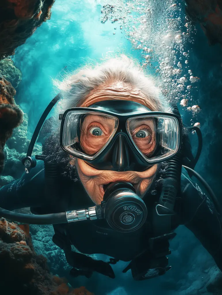 woman cave diving with full scuba gear through a beautiful underwater cavern