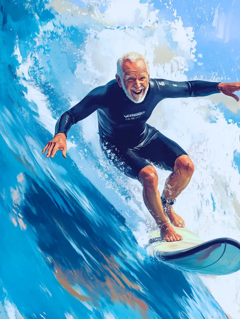 Senior surfer enjoying the waves in Encinitas, showcasing active living and the support of A Place at Home’s personalized caregiving services