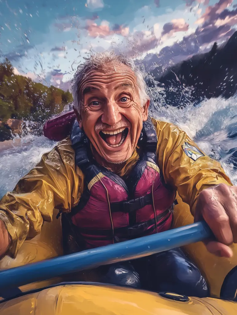 Active senior rafting white waters, symbolizing adventure, vitality, and enjoying the freedom of retirement