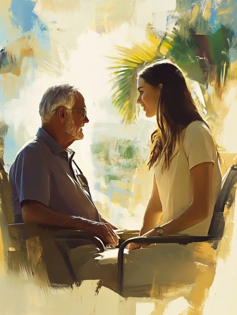 Grand daughter visiting grandpa in a memory care unit