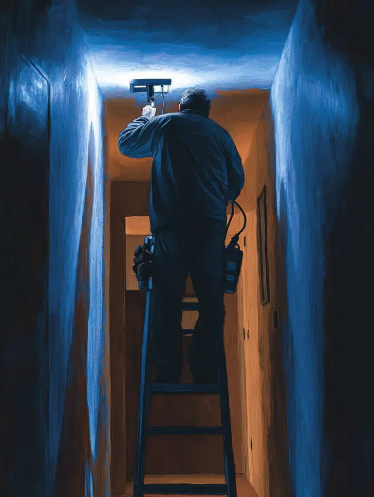 an electrician installing lighting in a dark hallway