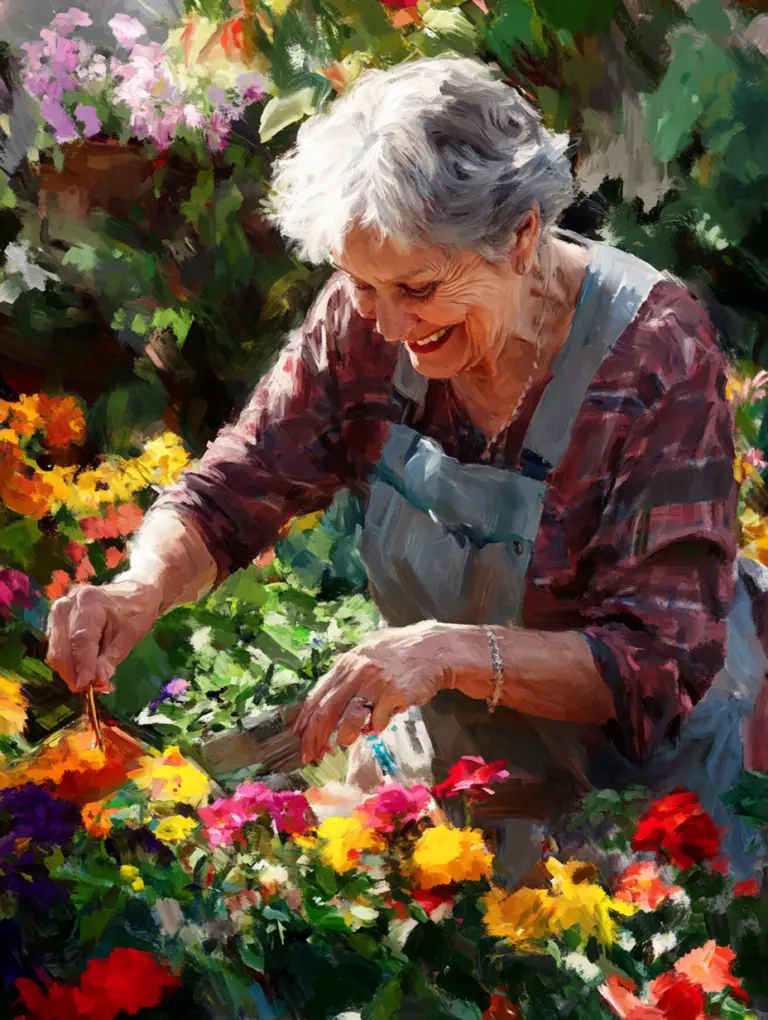 A vibrant senior enjoying life outdoors, smiling warmly in a lush garden filled with colorful flowers and sunshine.