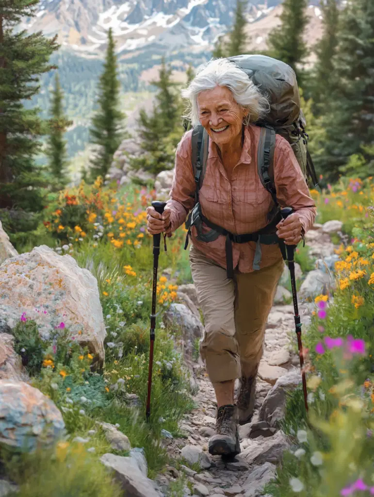 An active senior enjoying a peaceful hike on a scenic forest trail, surrounded by lush greenery and sunlight filtering through the trees